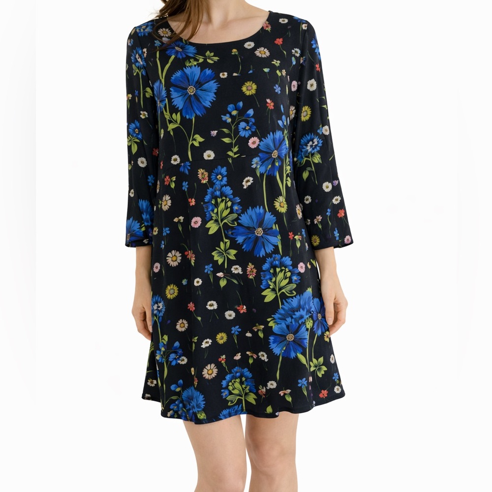 Anthro Maeve Black Floral Shift Dress Blue Yellow Mini 3/4 Sleeve